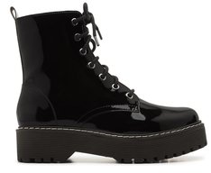 Bota Coturno Tratorada Verniz Preta Cano Curto Salto Baixo