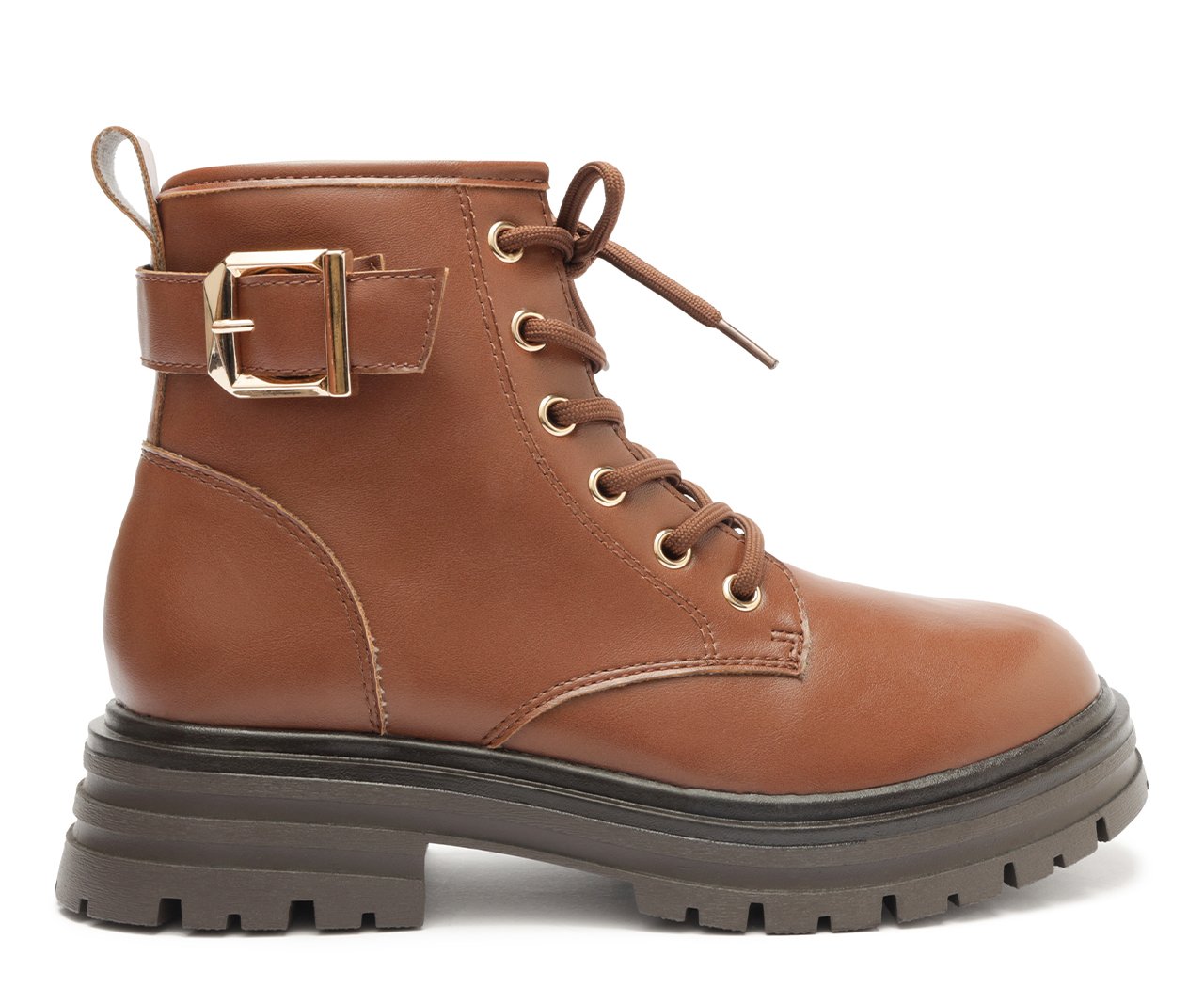 Bota Coturno Feminina Cano Curto Tratorada com Fivela Marrom Estilo Urbano