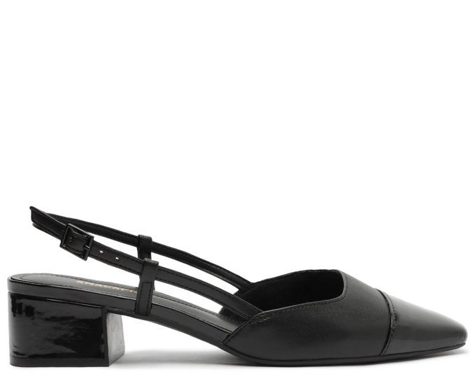 Sapatilha Slingback Feminina Salto Bloco Baixo Ponta Verniz Preta Confortável