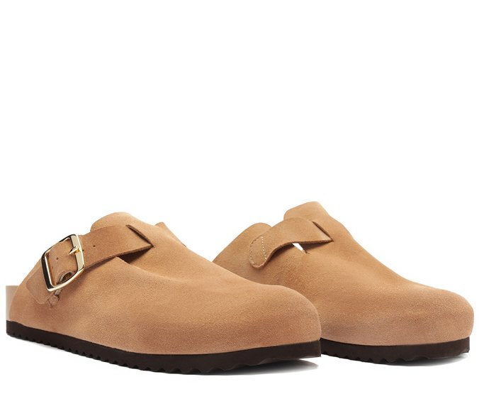 Mule Clog Acamurçada Couro Bege com Maxi Fivela Confortável