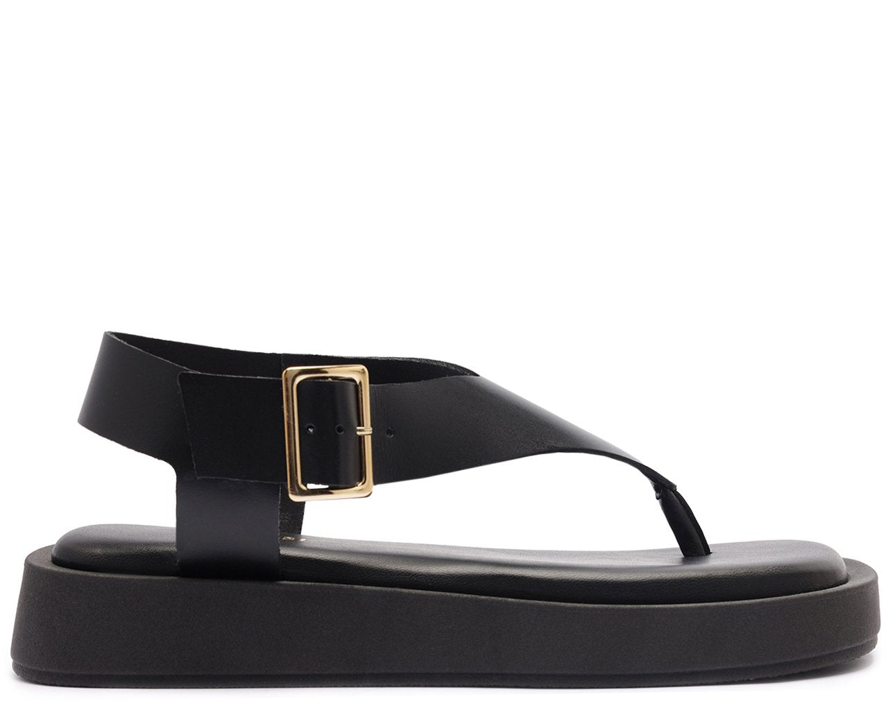 Sandália Papete Nina Preta com Salto Flatform Baixo e Maxi Fivela Elegante