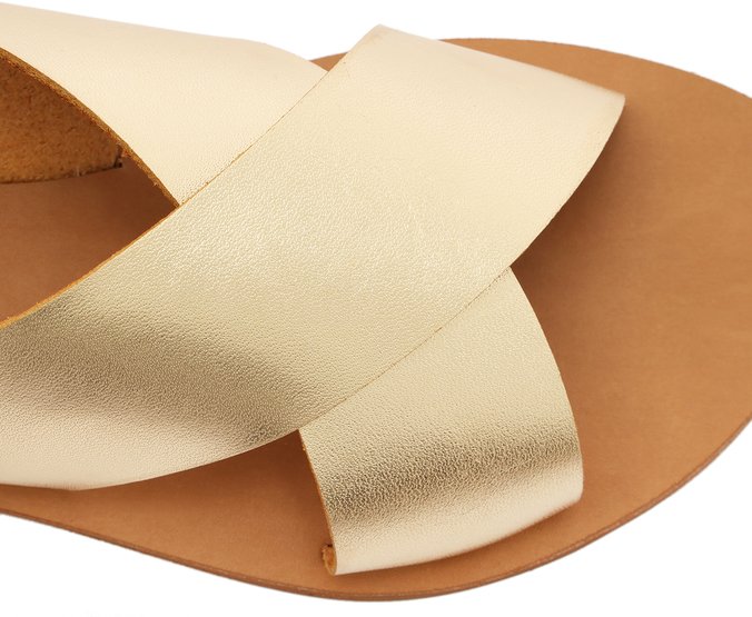 Rasteira Feminina Monocolor Tiras Cruzadas Couro Dourada Confortável