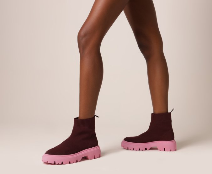 Bota Tratorada Cano Baixo Roxa Knit Solado Robusto Rosa