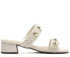Sandália Mule de Salto Bloco com Tiras Pedrejadas Branca Elegante