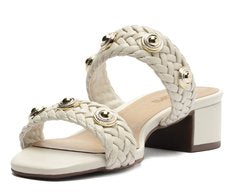 Sandália Mule de Salto Bloco com Tiras Pedrejadas Branca Elegante