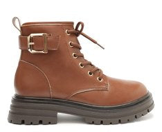 Bota Coturno Feminina Cano Curto Tratorada com Fivela Marrom Estilo Urbano