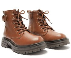 Bota Coturno Feminina Cano Curto Tratorada com Fivela Marrom Estilo Urbano