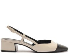 Sapatilha Slingback Feminina Salto Bloco Baixo Bege com Ponta Verniz Preta