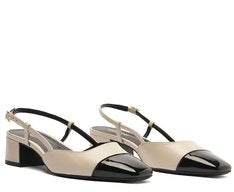 Sapatilha Slingback Feminina Salto Bloco Baixo Bege com Ponta Verniz Preta