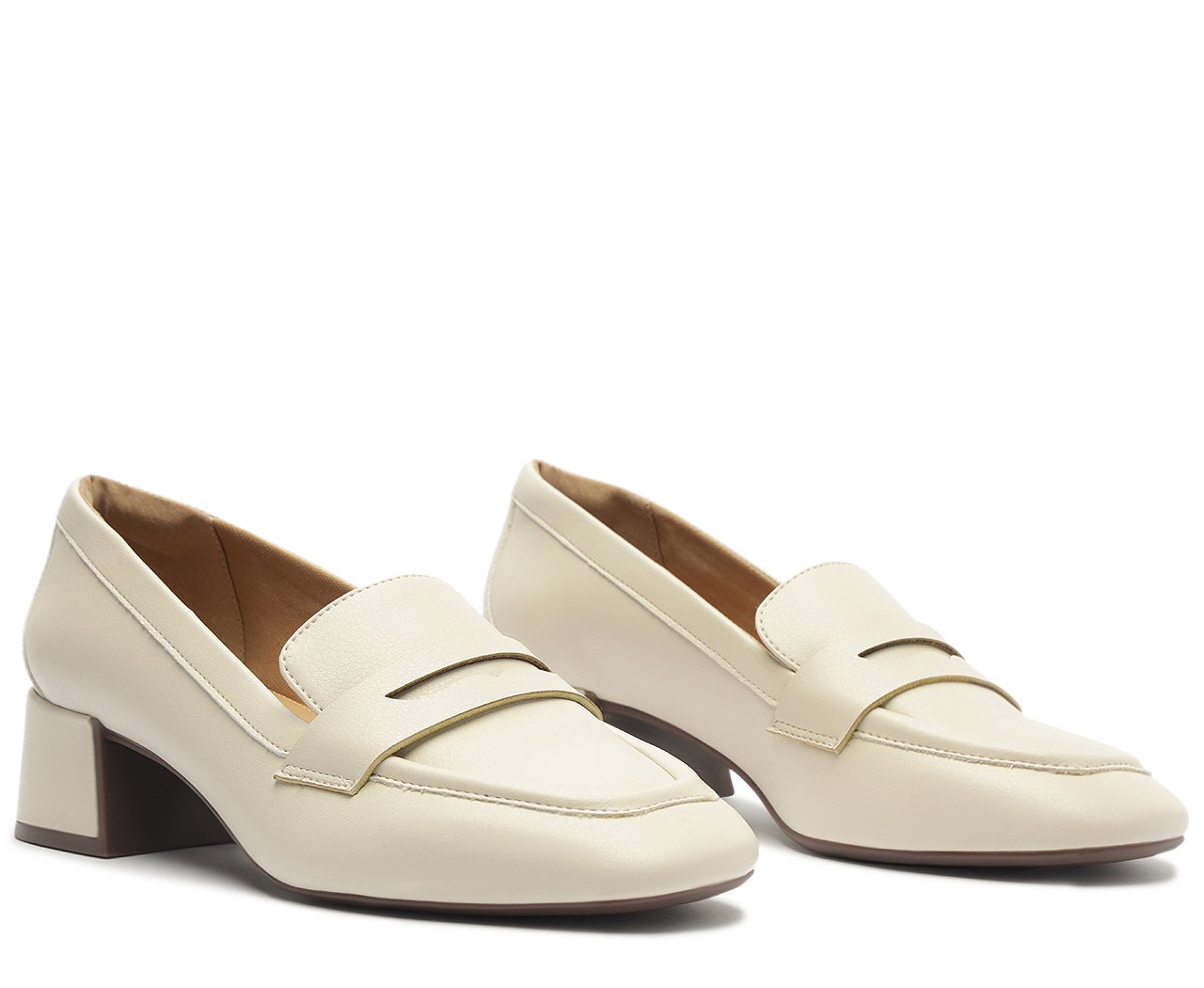 Mocassim Feminino Salto Bloco Loafer Branco Confortável