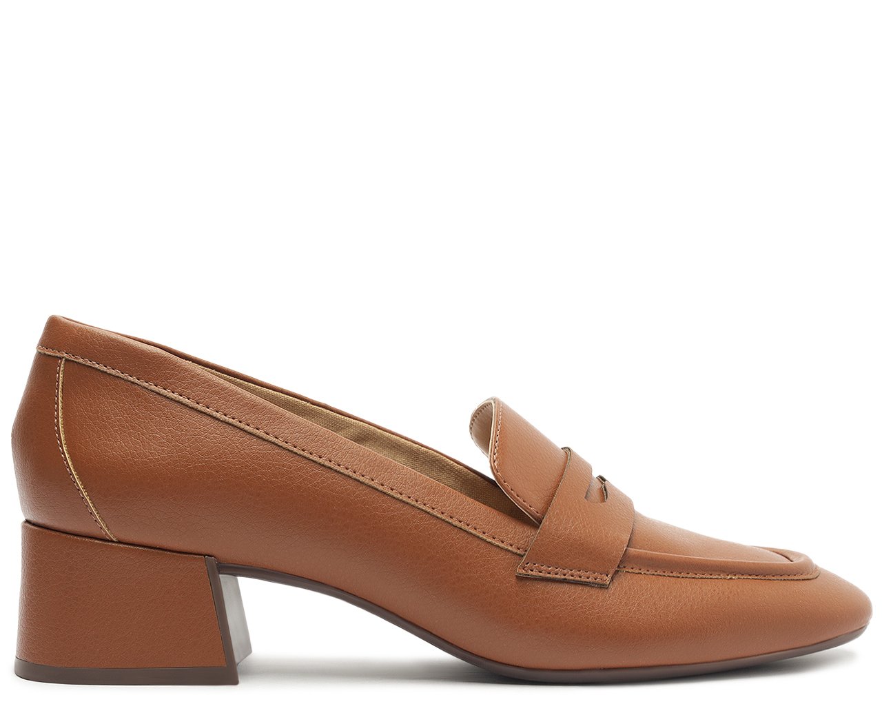 Mocassim Loafer Salto Bloco Marrom com Detalhes Modernos e Palmilha Confortável