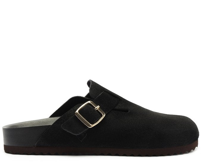 Mule Clog Acamurçada Feminina em Couro Preto com Maxi Fivela