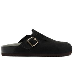 Mule Clog Acamurçada Feminina em Couro Preto com Maxi Fivela