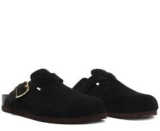 Mule Clog Acamurçada Feminina em Couro Preto com Maxi Fivela