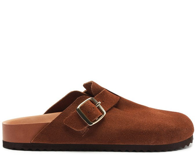 Mule Clog Acamurçada Couro Marrom com Maxi Fivela e Solado Tratorado
