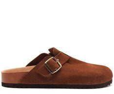 Mule Clog Acamurçada Couro Marrom com Maxi Fivela e Solado Tratorado