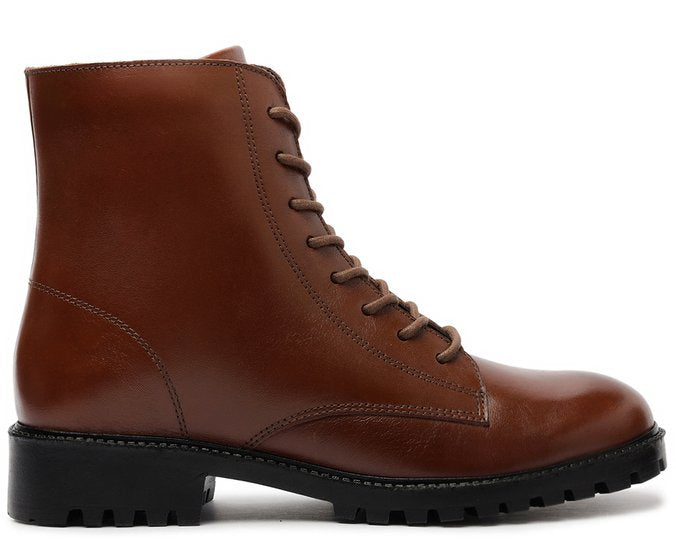 Bota Coturno Feminina Couro Marrom Cinnamon Solado Tratorado Flatform