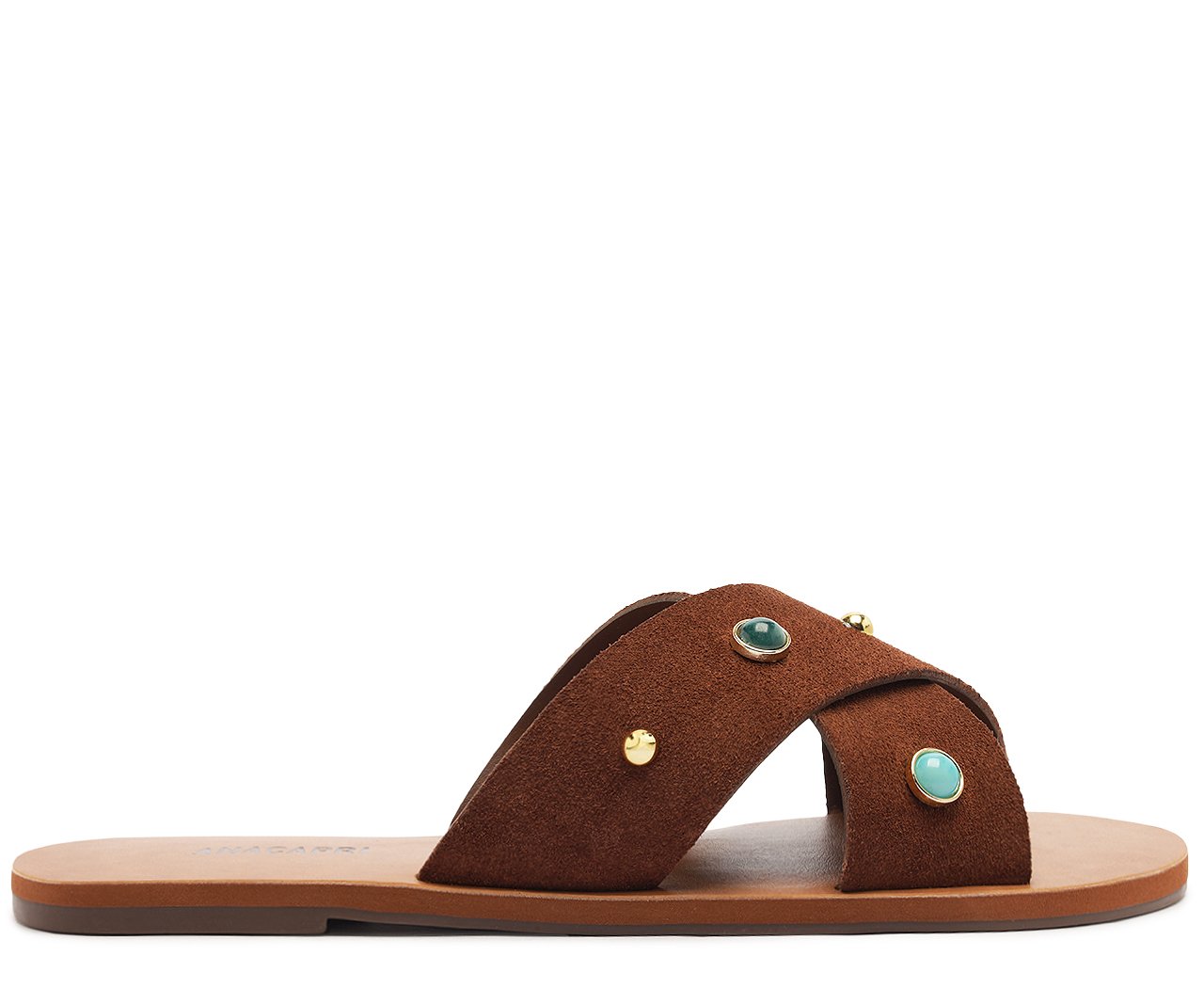 Rasteira Feminina Couro Marrom Tiras Cruzadas Pedrarias Urban Boho