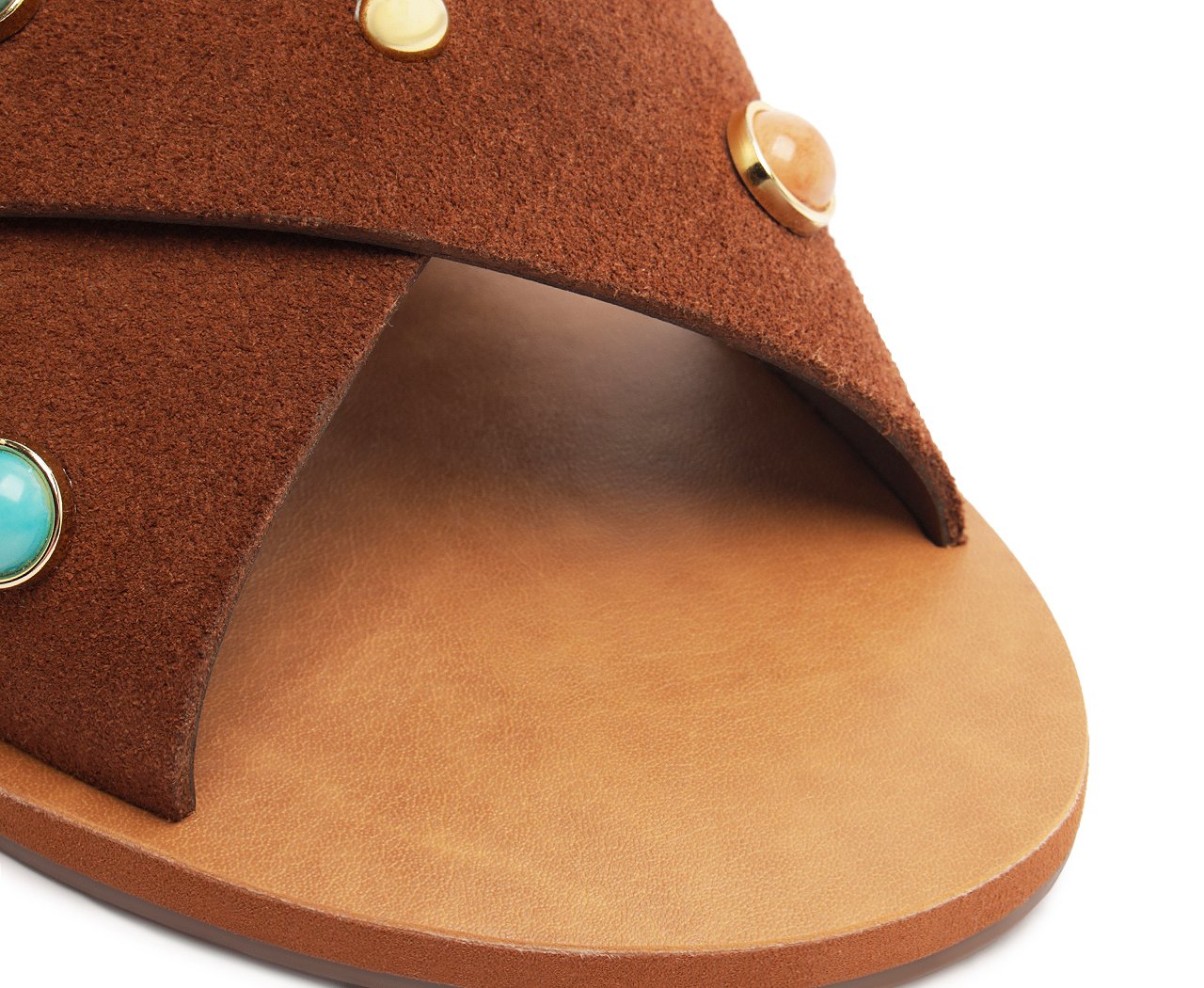 Rasteira Feminina Couro Marrom Tiras Cruzadas Pedrarias Urban Boho