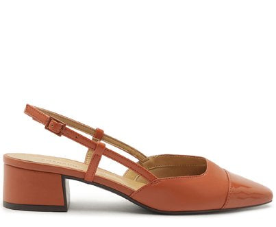 Sapatilha Slingback Feminina Salto Bloco Baixo Ponta Verniz Marrom Elegante
