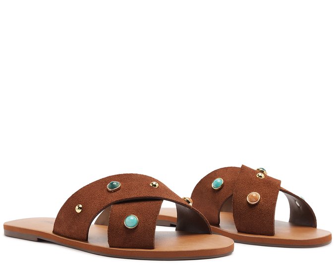 Rasteira Feminina Couro Marrom Tiras Cruzadas Pedrarias Urban Boho