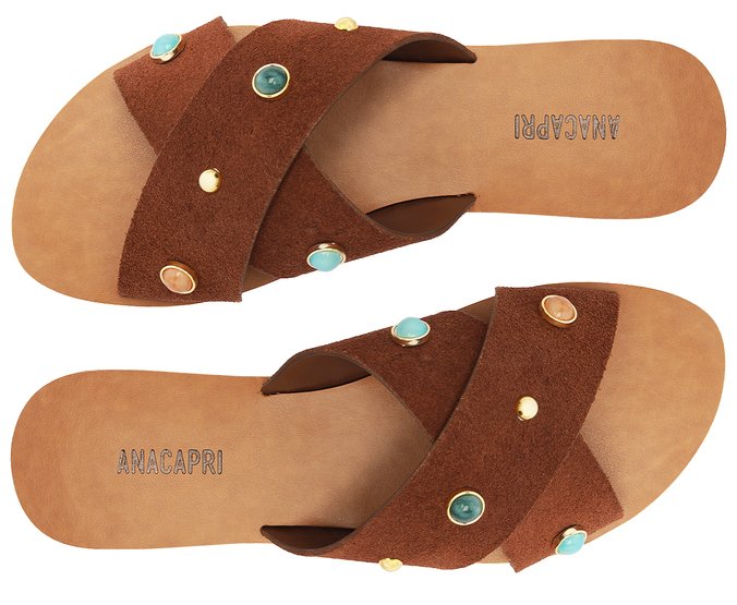 Rasteira Feminina Couro Marrom Tiras Cruzadas Pedrarias Urban Boho