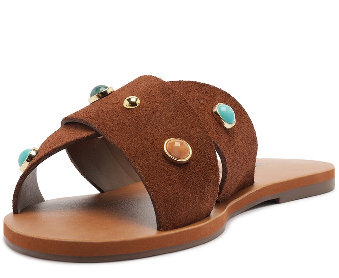 Rasteira Feminina Couro Marrom Tiras Cruzadas Pedrarias Urban Boho