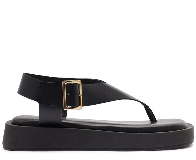 Sandália Papete Nina Preta com Salto Flatform Baixo e Maxi Fivela Elegante