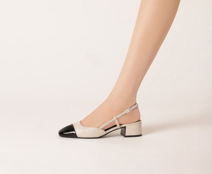 Sapatilha Slingback Feminina Salto Bloco Baixo Bege com Ponta Verniz Preta