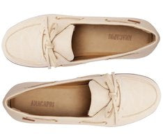 Mocassim Laço Boho Branco em Napa Texturizado com Solado Emborrachado