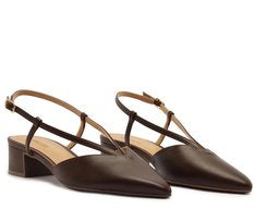 Sapatilha Slingback Salto Bloco Marrom com Bico Fino e Tirinhas Finas