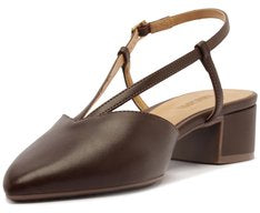 Sapatilha Slingback Salto Bloco Marrom com Bico Fino e Tirinhas Finas